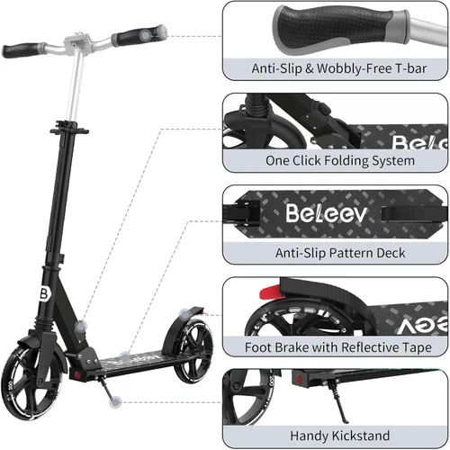 Miniatura 6 de BELEEV V8 Scooters para niños a partir de 6 años con cubierta iluminada, scooter plegable de 2 ruedas para adultos y adolescentes, 4 de altura Negro