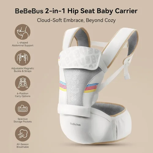 Miniatura 3 de Baby Carrier with Hip Seat, BeBeBus 2-in-1 Ergonomic Newborn to Toddler Carrier up to 44 lbs, Detachable Hands-Free for Infant, All Season Carry