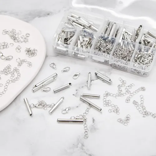 Miniatura 3 de Kit de cierre deslizante de plata EuTengHao para enhebrado, extremos de cordón de tubo con cierre de langosta, extensor de cadena, accesorios