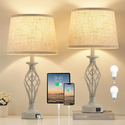 Miniatura 9 de Juego de 2 lámparas de mesa para dormitorio con puertos USB C+A, lámparas modernas de mesita de noche con base de jaula en espiral, pantalla de Base