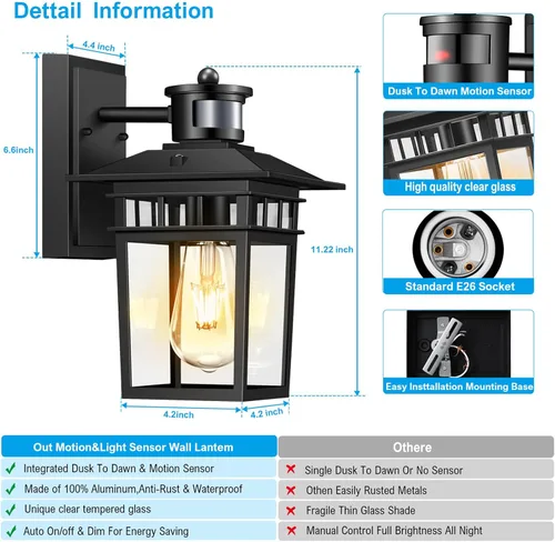 Miniatura 5 de Luces exteriores con sensor de movimiento para montaje en pared, lámpara exterior de anochecer a amanecer, aluminio impermeable antioxidante, luz