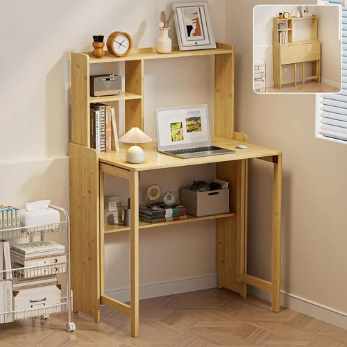 Miniatura 15 de Escritorio plegable de bambú, escritorios plegables para espacios pequeños, escritorio pequeño de mediados de siglo con estantería para computadora
