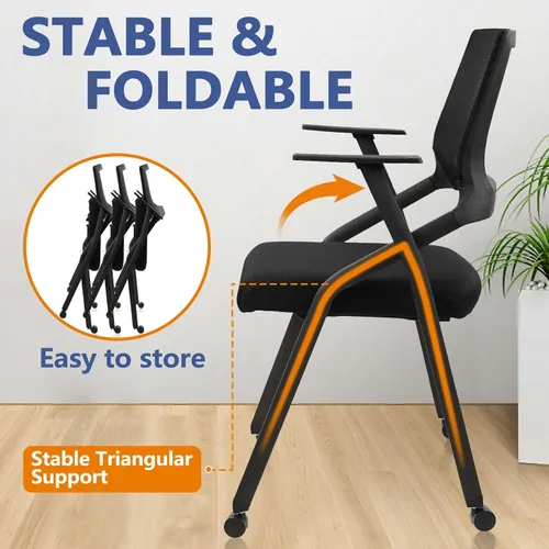 Miniatura 6 de CLATINA Sillas plegables apilables para sala de conferencias con ruedas, silla de escritorio de oficina acolchada portátil con soporte lumbar