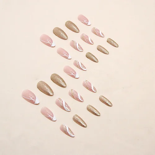 Miniatura 3 de Uñas postizas acrílicas artificiales de almendra media con diseño de estrellas onduladas blancas, cobertura completa, reutilizables, estilo ataúd
