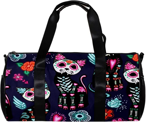 LEVEIS Purple Cat Mexico Helloween Sports Duffel Bag Travel Tote Carry on Weekender Gym Overnight Bag for Men & Women