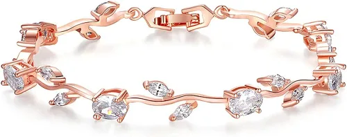 18K Rose Gold-Plated Crystal Bracelet for Women Red & Green Shiny Gemstone Tennis Bracelet Diamond Bangle Bracelet for Girls Fashion Jewelry