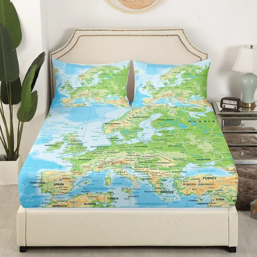 Miniatura 3 de Erosebridal - Juego de sábanas con mapa mundial tamaño TwinXL, juego de ropa de cama azul para niños y niñas, sábana bajera con mapa de varios