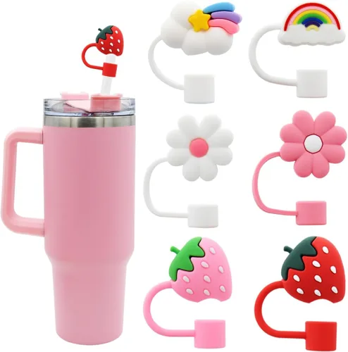 Cubierta de pajita con flores para vaso Stanley Tapa de silicona para pajita Compatible con vaso de 30 y 40 oz con asa, cubiertas de punta de pajita