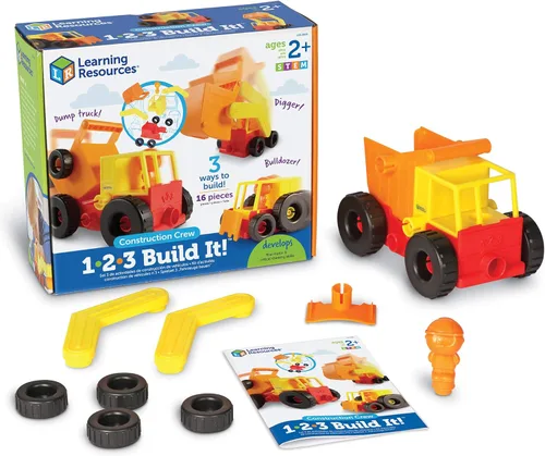 Learning Resources Juguete de construcción 1-2-3 Build It - Motor fino y habilidades críticas, camión volquete, excavadora para niños pequeños,