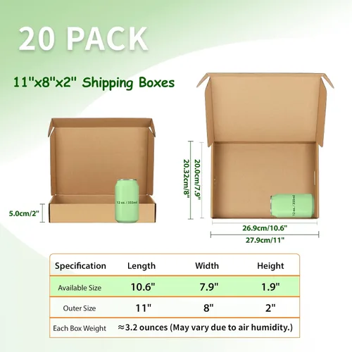 Miniatura 4 de Juego de 20 cajas de envío de 11 x 8 x 2 pulgadas, caja de cartón corrugado marrón para documentación, envío postal, negocios