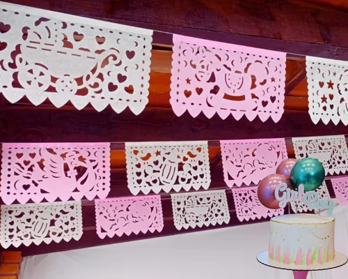 Pancartas de fiesta de baby shower de niña rosa/blanca – Decoraciones de baby shower rosa Fiesta Papel Picado, guirnaldas de papel con serpentinas