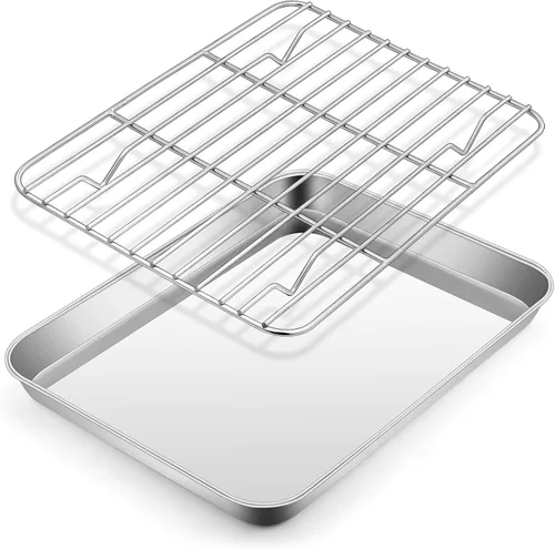 Miniatura 10 de E-far Bandeja pequeña de metal para horno tostador con juego de estante, bandeja para hornear de 9.4 x 7.3 pulgadas con rejilla de enfriamiento