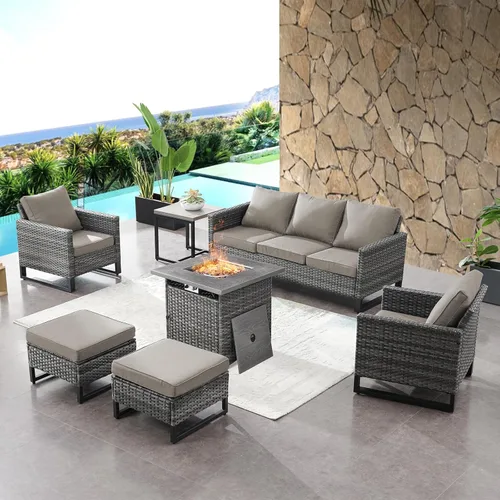 Miniatura 162 de HUMMUH Juego de 2 sillas giratorias para patio, mimbre de polietileno, para exteriores, bistró, porche, balcón, muebles con cojines Gris/gris
