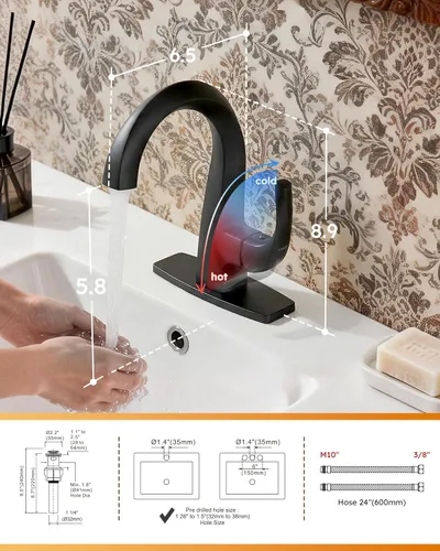 Miniatura 7 de WOWOW Grifo de Baño de un Solo Mango, Negro Mate, 1 Agujero, Arco Alto, Drenaje Emergente, Latón Macizo, Fácil Instalación, Garantía de 5 Años