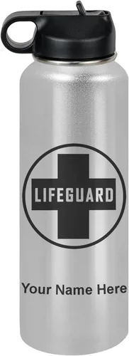 Miniatura 14 de LaserGram Botella de agua personalizada, salvavidas, acero inoxidable de doble pared aislada al vacío con popote superior, regalo grabado Negro