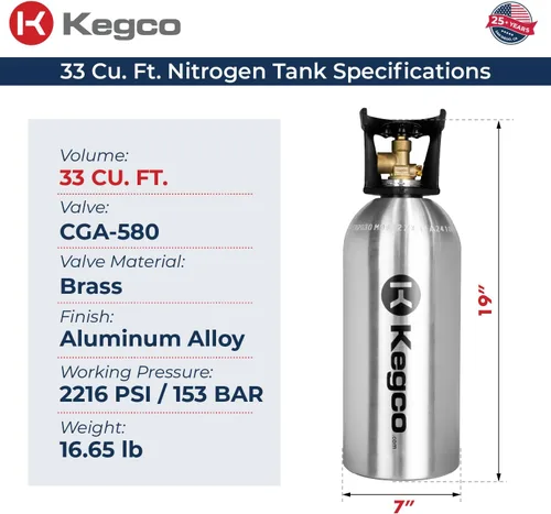 Miniatura 2 de Kegco Tanque de aire de nitrógeno de 33 pies cúbicos - Cilindro de gas de aluminio (vacío)