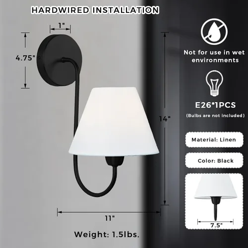 Miniatura 2 de Aplique de pared individual de lino blanco vintage, lámpara de pared retro con poste negro mate de metal, diseño de cuello de cisne para iluminación