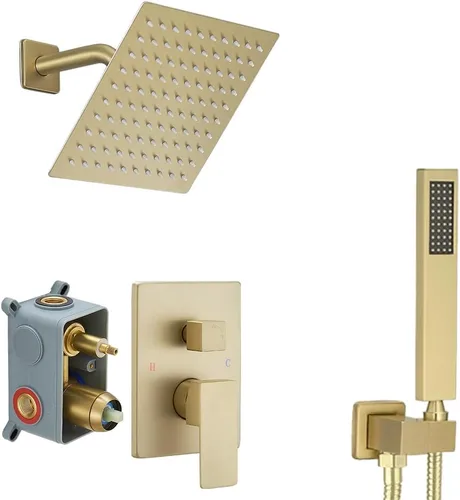 – Sistema de ducha dorado cepillado con cabezal de ducha de lluvia de alta presión de 20.3 cm, cabezal de ducha de mano, juego combinado de Oro