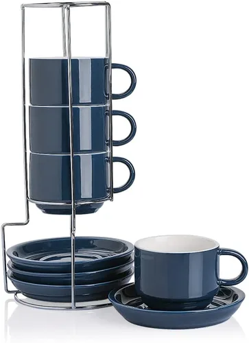 Miniatura 18 de Sweejar - Tazas de café de porcelana con platillos, tazas de capuchino apilables de 4 onzas con soporte de metal para bebidas de café, café