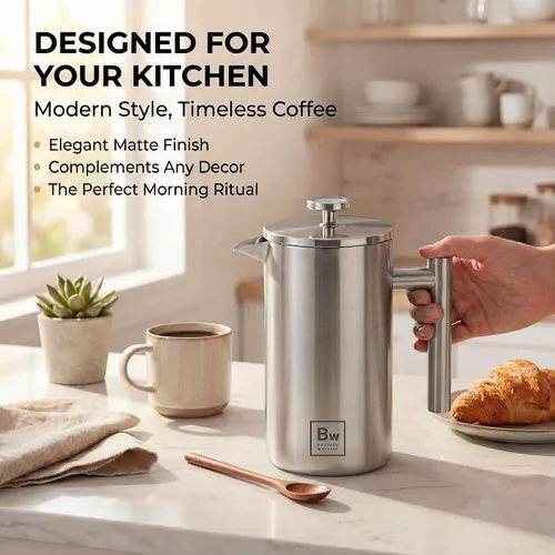 Miniatura 2 de Barista Warrior Prensa francesa con termómetro, prensa de café aislada, cafetera de acero inoxidable (1.0L, 34 onzas líquidas, plateado)
