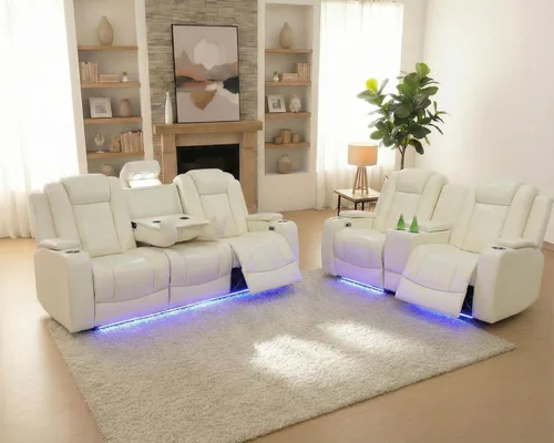 Miniatura 32 de Juego de 3 piezas para sala de estar, sofá reclinable eléctrico de cuero con puertos USB, iluminación LED y portavasos, asientos de cine en casa