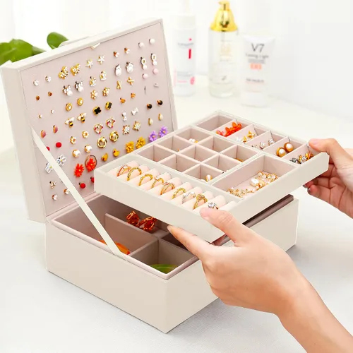 Miniatura 80 de Joyero de pendientes para mujeres y niñas, organizador de aretes de 5 capas, caja organizadora de joyas blanca con candado, collares y aretes