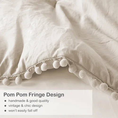 Miniatura 4 de Codi Juego de edredón beige tamaño King, ropa de cama bohemia chic con elegantes flecos de pompones, juego de lujo de 3 piezas de microfibra lavada