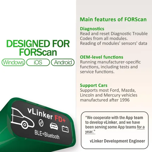 Miniatura 3 de Vgate vLinker FD Plus OBD2 Adaptador Bluetooth BLE Escáner para FORScan, Funciona con iPhone, Android y Windows