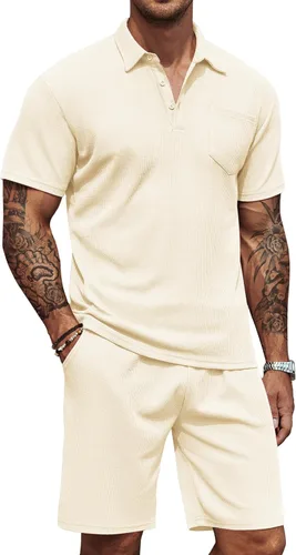 COOFANDY Conjunto de camisa polo y pantalones cortos de punto gofre para hombre, conjunto de 2 piezas, traje de verano casual con bolsillos