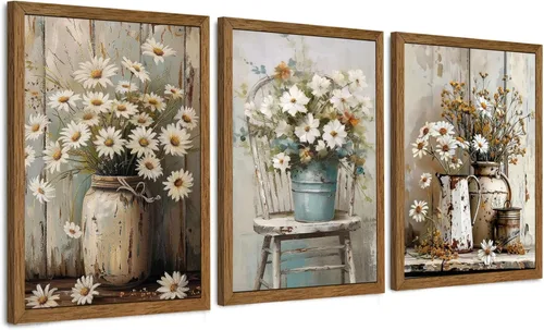 Miniatura 9 de DUWQU 3 piezas de arte de pared en lienzo floral azul marino, marco de madera azul marino, flores silvestres lirio, margaritas, decoración de pared
