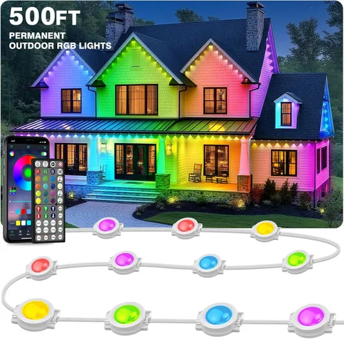 LITSOUL Luces permanentes para exteriores de 500 pies para casa, impermeables, iluminación LED RGB inteligente con 16 millones de colores, tira de