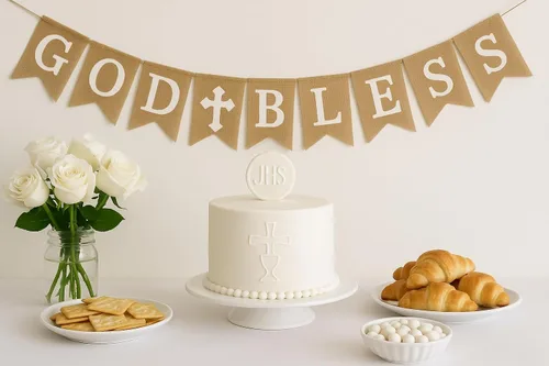 Miniatura 3 de Cartel de arpillera "God Bless" – Decoración cristiana rústica para baby shower, bautismo, bautismo y primera comunión (impresión blanca)