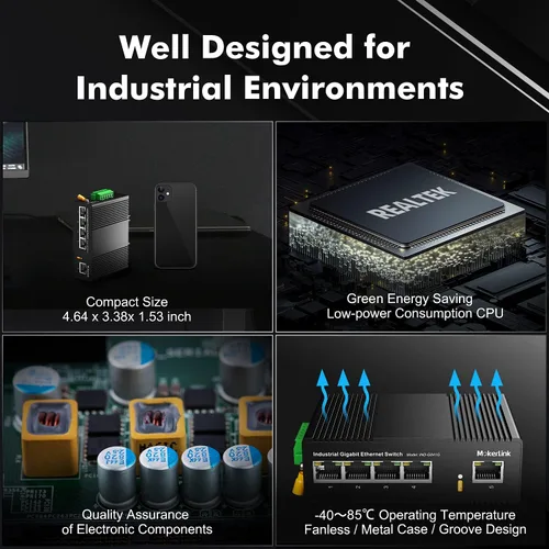 Miniatura 4 de MokerLink Conmutador Ethernet industrial Gigabit de 5 puertos con riel DIN, capacidad de conmutación de 14 Gbps, conmutador de red con clasificación