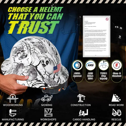 Miniatura 8 de Casco duro de ala completa con patrón de fibra de carbono con visera, casco de seguridad de construcción aprobado por la OSHA para hombres