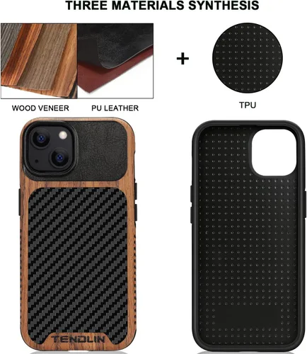 Miniatura 2 de TENDLIN Compatible con iPhone 13 mini - Funda de grano de madera con textura de fibra de carbono, funda híbrida de cuero compatible con iPhone 13