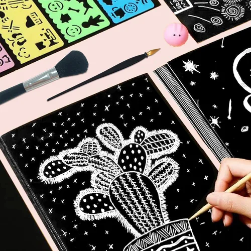 Miniatura 6 de ZOCONE Juego de arte de papel para rascar, 30 hojas de 8 x 11 pulgadas, papel para rascar grande con lápices y plantillas de madera, papel de arte