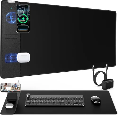 Miniatura 10 de Alfombrilla de mouse con soporte magnético de carga inalámbrica para teléfono, 31.5 x 15.8 pulgadas, grande, superficie lisa impermeable, base