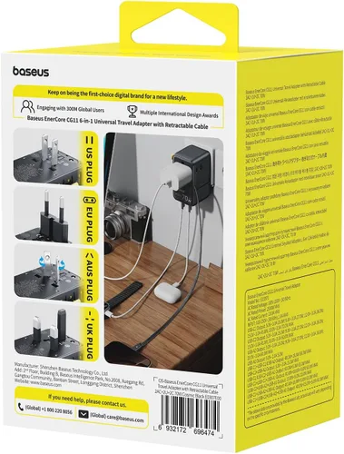 Miniatura 9 de Baseus Adaptador de viaje universal de 70 W, adaptador de enchufe internacional 6 en 1 con cable retráctil, cargador de pared USB-C PD de carga Negro