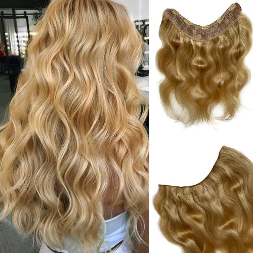 Miniatura 8 de Extensiones de cabello humano rizado real, con reflejos, mezcla de rubio medio, rubio fresa, una pieza, extensiones onduladas con clip