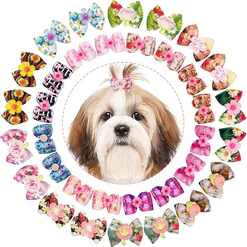 Miniatura 2 de 50 unidades/25 pares de lazos para el pelo de perro con banda de goma, patrón floral de primavera para niñas, hembra, gato, conejo, cachorro