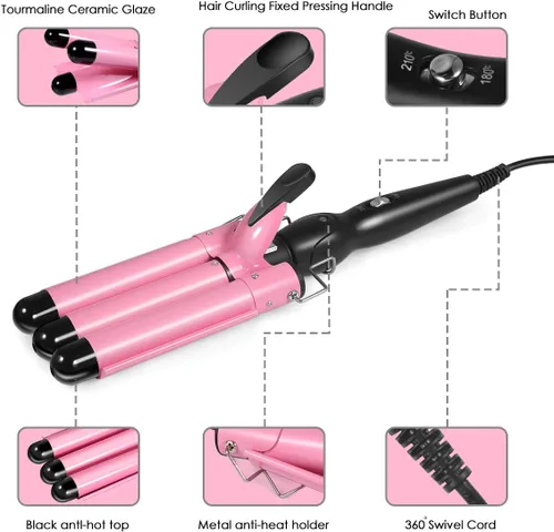 Miniatura 7 de Varita rizadora de 3 barriles de doble voltaje para rizar el cabello, rizadora de triple barril, 0.984 in, turmalina de cerámica