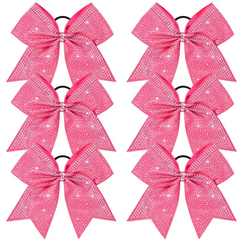 Miniatura 18 de DEEKA 6 lazos grandes de animadora con purpurina de 8 pulgadas con diamantes de imitación completos, lazos para el pelo de animadora coloridos Plata