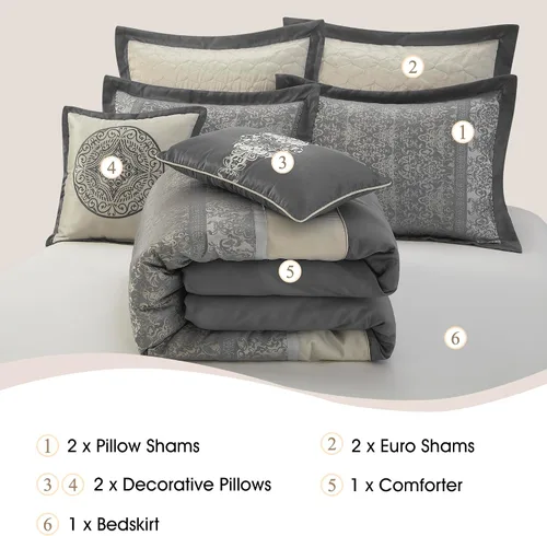 Miniatura 3 de Stratford Park - Juego de edredón de damasco de plata/marfil con mosaico, 8 piezas, funda de almohada de jacquard, falda de cama, almohada