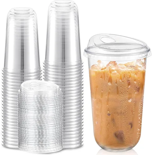 Miniatura 11 de Baderke 100 Vasos de Plástico con Tapas para Sorber Fondo Redondo Vasos de Café de Plástico Desechables con Tapas Tazas de Cristal Transparentes sin