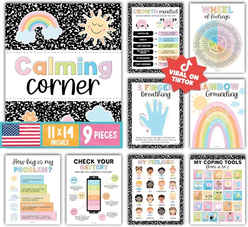 Miniatura 14 de Hadley Designs 9 carteles de esquina relajantes para el aula, suministros de esquina tranquila con tabla de emociones, póster de consejero escolar