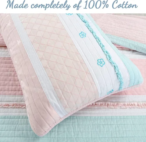 Miniatura 6 de Cozy Line Home Fashions Juego de ropa de cama acolchado reversible de niña con volantes rosa claro y azul de 100% algodón, colcha, cubrecama