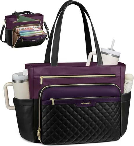Miniatura 7 de LOVEVOOK: bolsa de mano para profesores con bolsillo de acordeón, maletín de trabajo de cuero PU suave acolchado, bolsa para laptop con portavasos