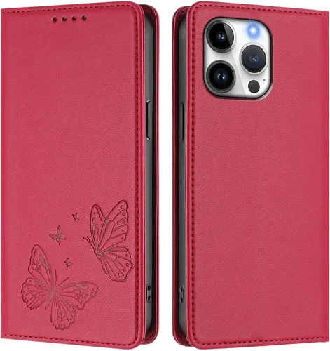 Miniatura 4 de Butterfly Embossed Leather Wallet Flip Case for Motorola Moto E22i 4G, Magnetic Closure, RFID Blocking Cover, Card Holder Red.