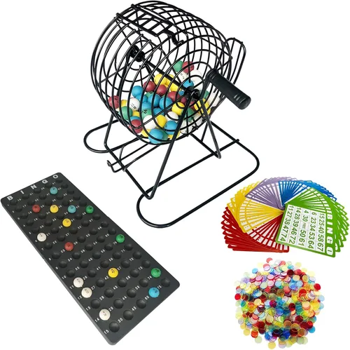 Juego de bingo de lujo Yuanhe - Jaula de metal con tablero de llamadas, 50 tarjetas de bingo, 300 fichas de bingo coloridas, 75 bolas de colores,