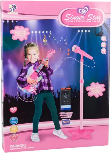 Miniatura 7 de TAKIHON Juego de guitarra y micrófono para niños, juguetes de guitarra con música y luz colorida, micrófono de altura ajustable con soporte